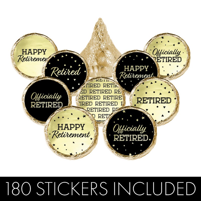 DISTINCTIVS Black and Gold Retirement Party Favor Stickers â€“ 180 Count, Chocolate Kisses Candy Stickers â€“ Shiny Gold Retirement Party Favors for Guests - Image 4